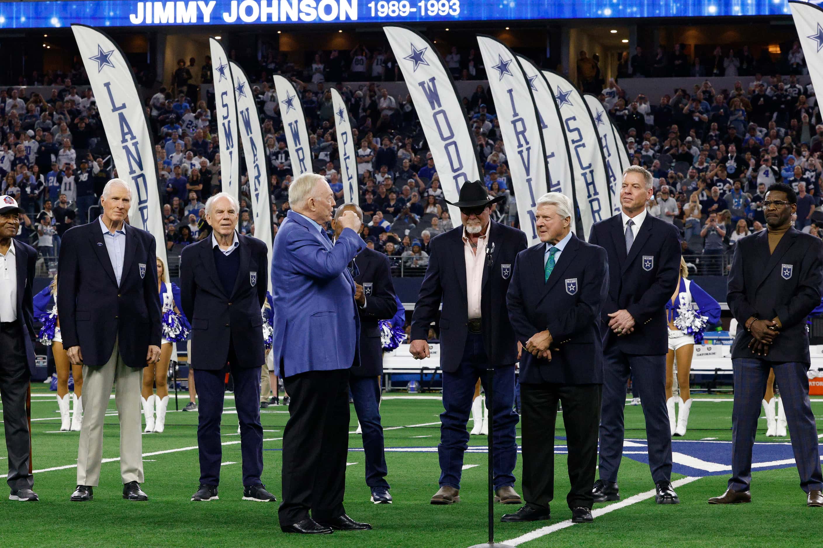 Dallas Cowboys owner Jerry Jones speaks alongside former Cowboys head coach Jimmy Johnson...