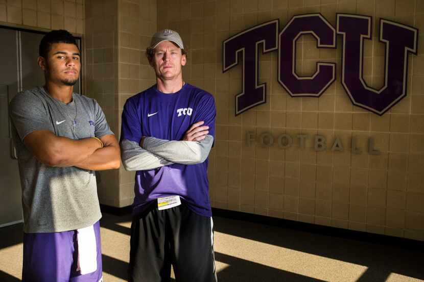 Texas Christian University quarterback Kenny Hill (left) and offensive coordinator Sonny...