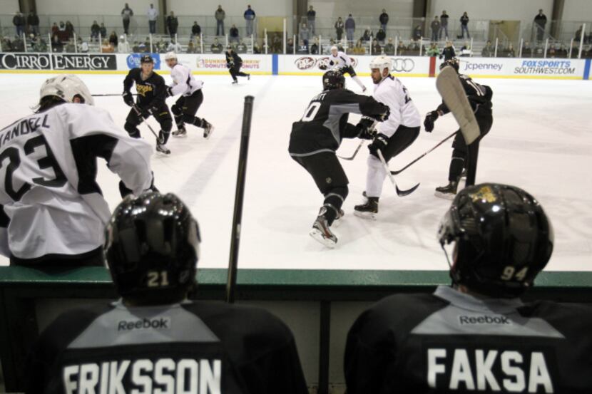 Dallas Stars Loui Eriksson and Radek Faksa took a breather and watched teammates practice...