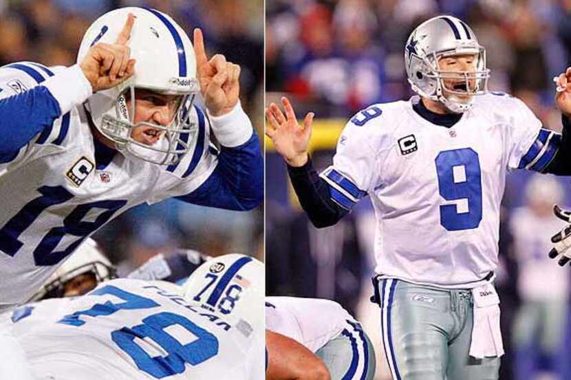 Former Colts quarterback Peyton Manning (left) and Cowboys counterpart Tony Romo.