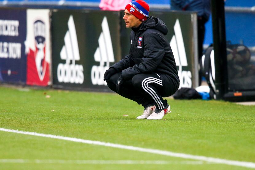 FC Dallas head coach Luchi Gonzalez on the sideline in a game against Bayern Munich during a...