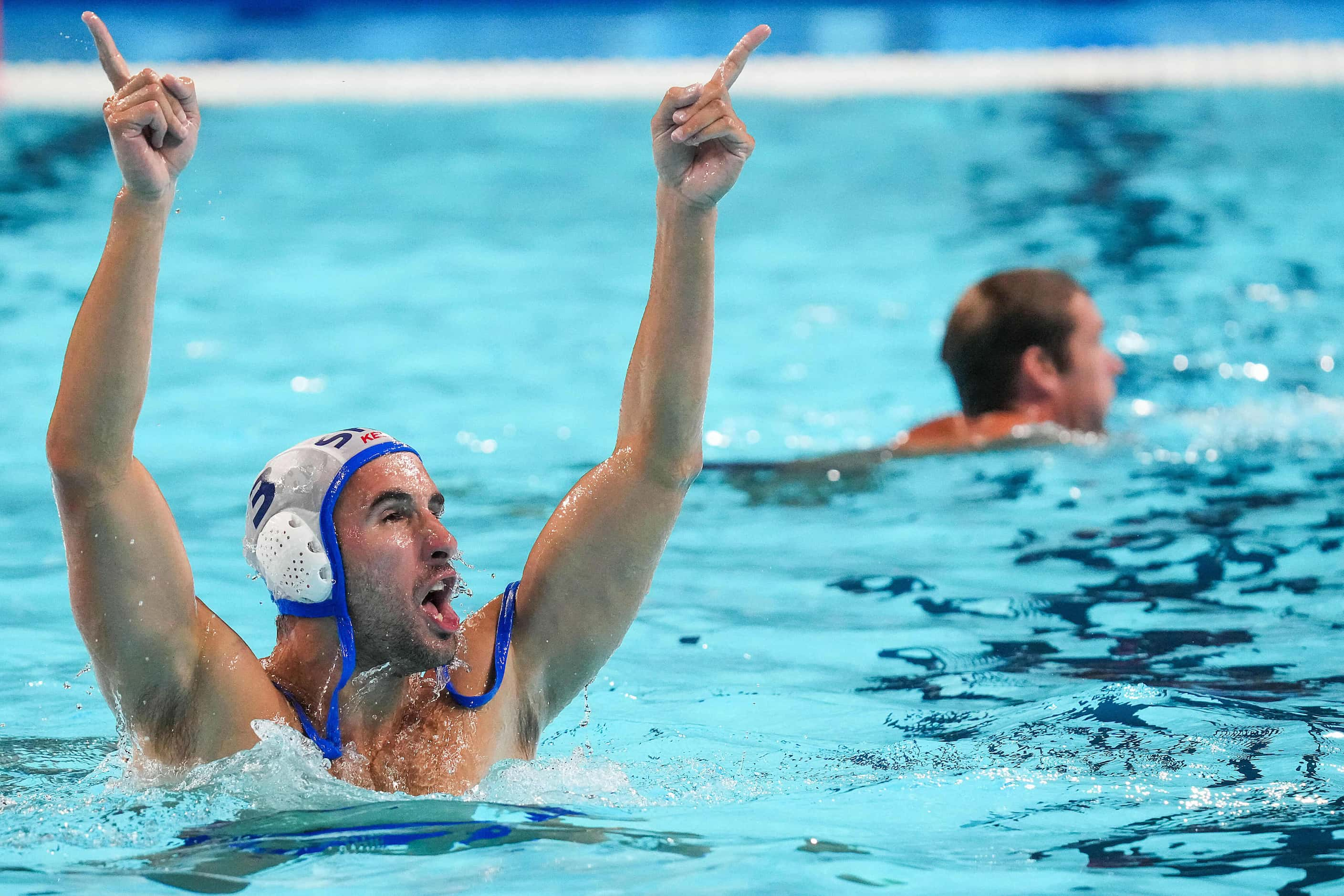 Strahinja Rasovic of Serbia celebrates after a victory over the United States in a men’s...