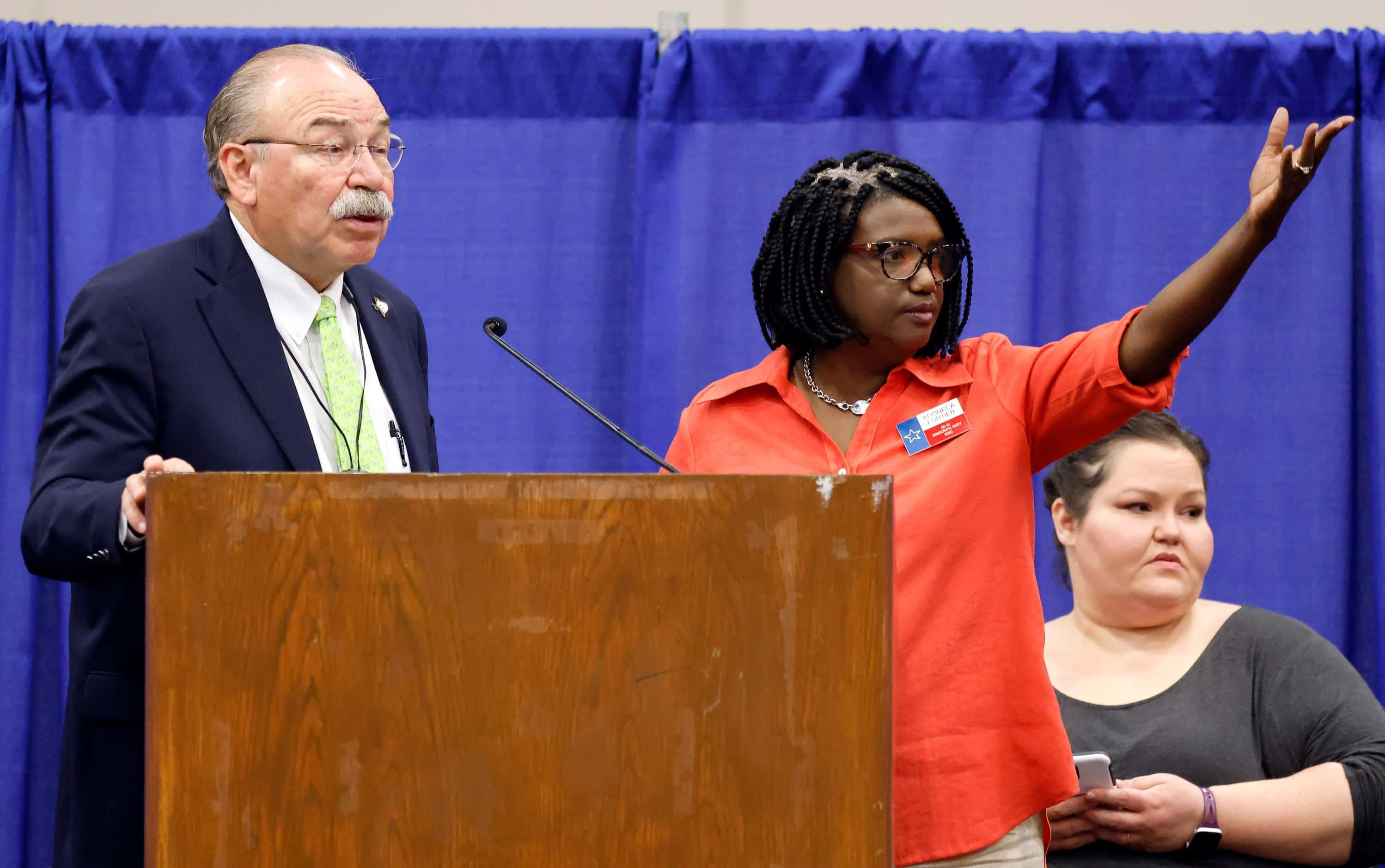 Texas Democratic Party Chairman Gilberto Hinojosa (left) and Adoneca Fortier listen to...