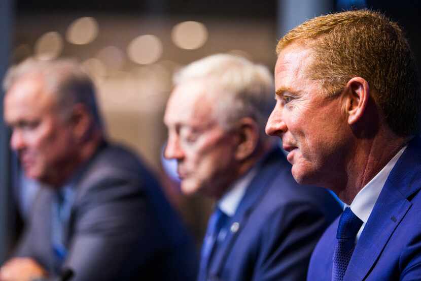 Dallas Cowboys Executive Vice President and CEO Stephen Jones, owner Jerry Jones and head...