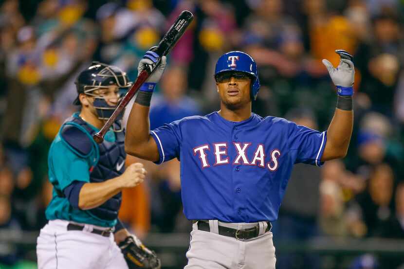 SEATTLE, WA - APRIL 25:  Adrian Beltre #29 of the Texas Rangers reacts after lining into a...