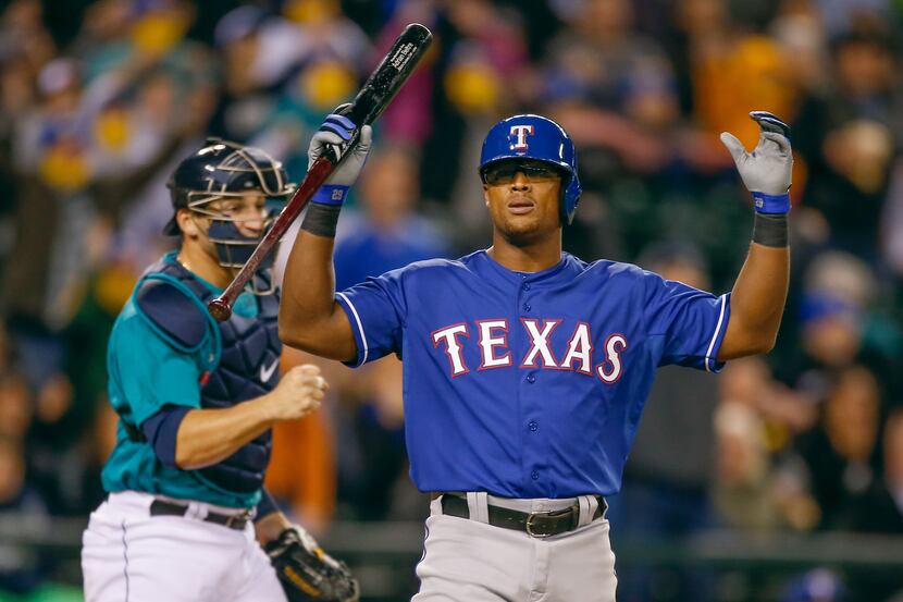 SEATTLE, WA - APRIL 25:  Adrian Beltre #29 of the Texas Rangers reacts after lining into a...