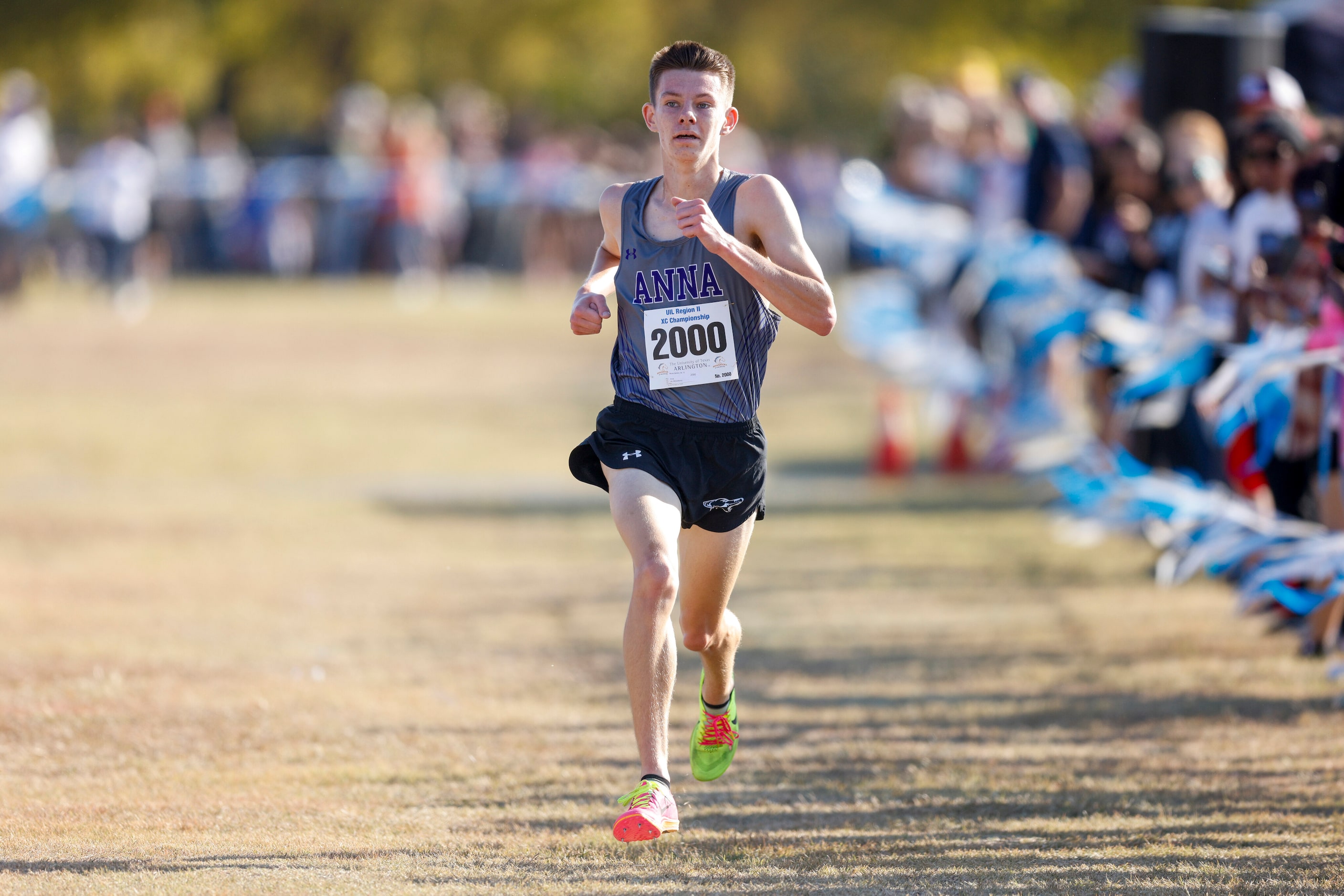 Anna’s Bryce Denton nears the finish line as he wins the UIL Class 5A Region II cross...