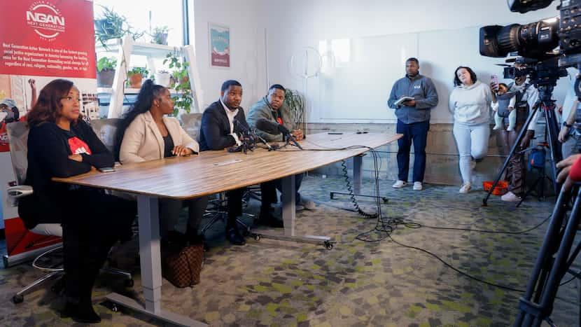 From left, Tiara Cooper, co-founder of In Defense of Black Lives Dallas, Tamara Neal, with...