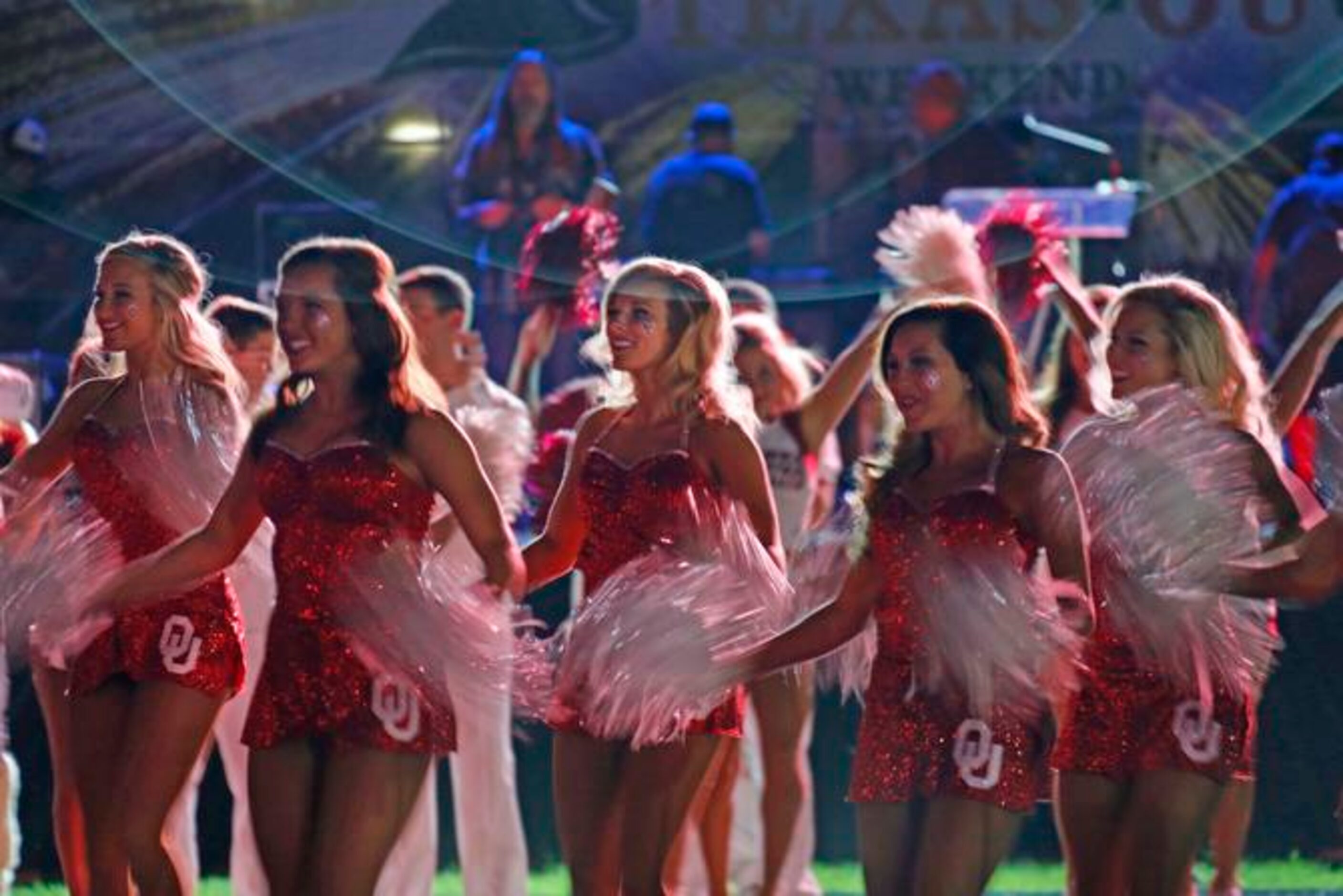 
The Oklahoma University Pom Squad tries to rev up the crowd as part of the "Celebrate...