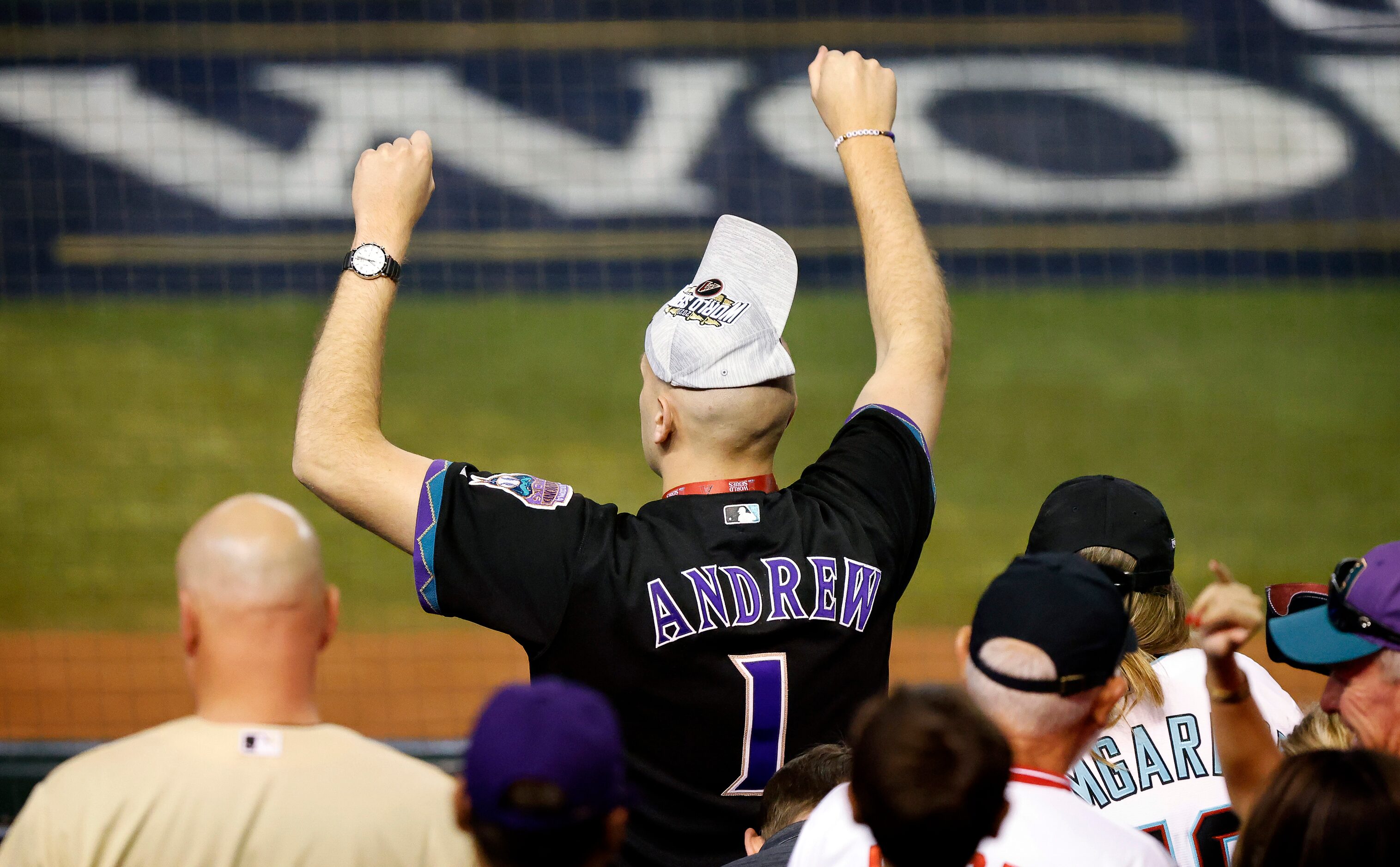 An Arizona Diamondbacks fan gets his rally cap dance going during the sixth inning in Game 4...