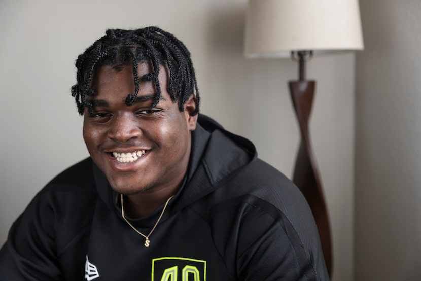 Dallas Cowboys first-round pick Tyler Smith, 21, poses for a portrait at his mother's home...