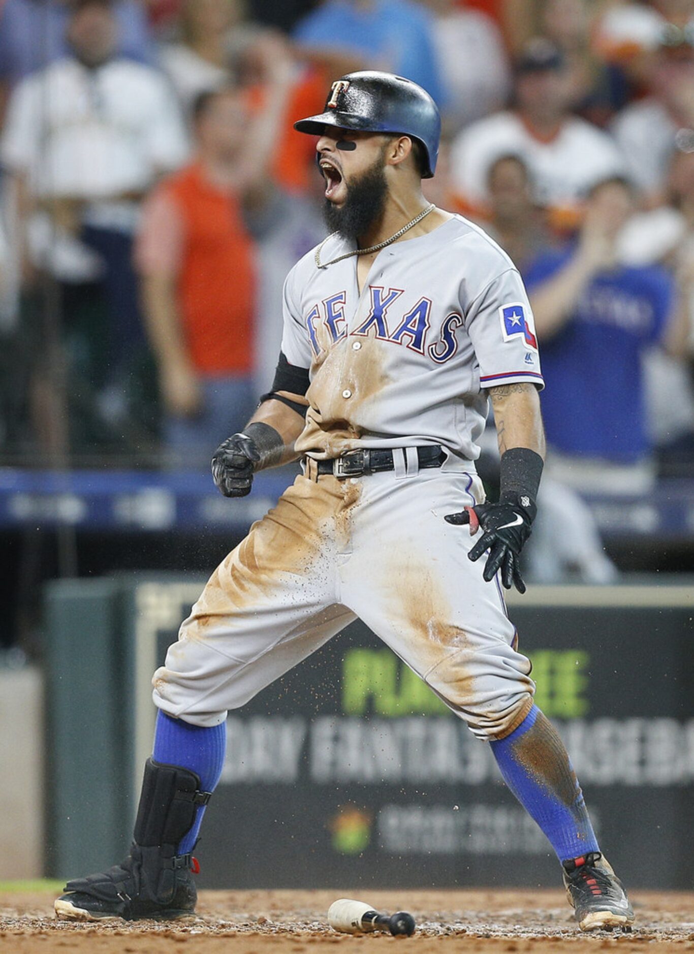 HOUSTON, TX - JULY 28:  Rougned Odor #12 of the Texas Rangers celebrates after hitting an...