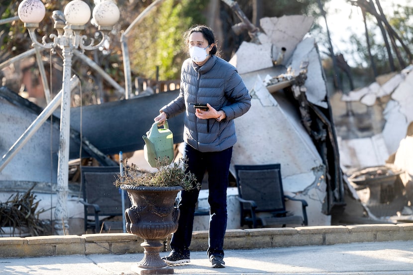 Marjan Rajabi waters a scorched plant at her Pacific Palisades home, which was destroyed by...