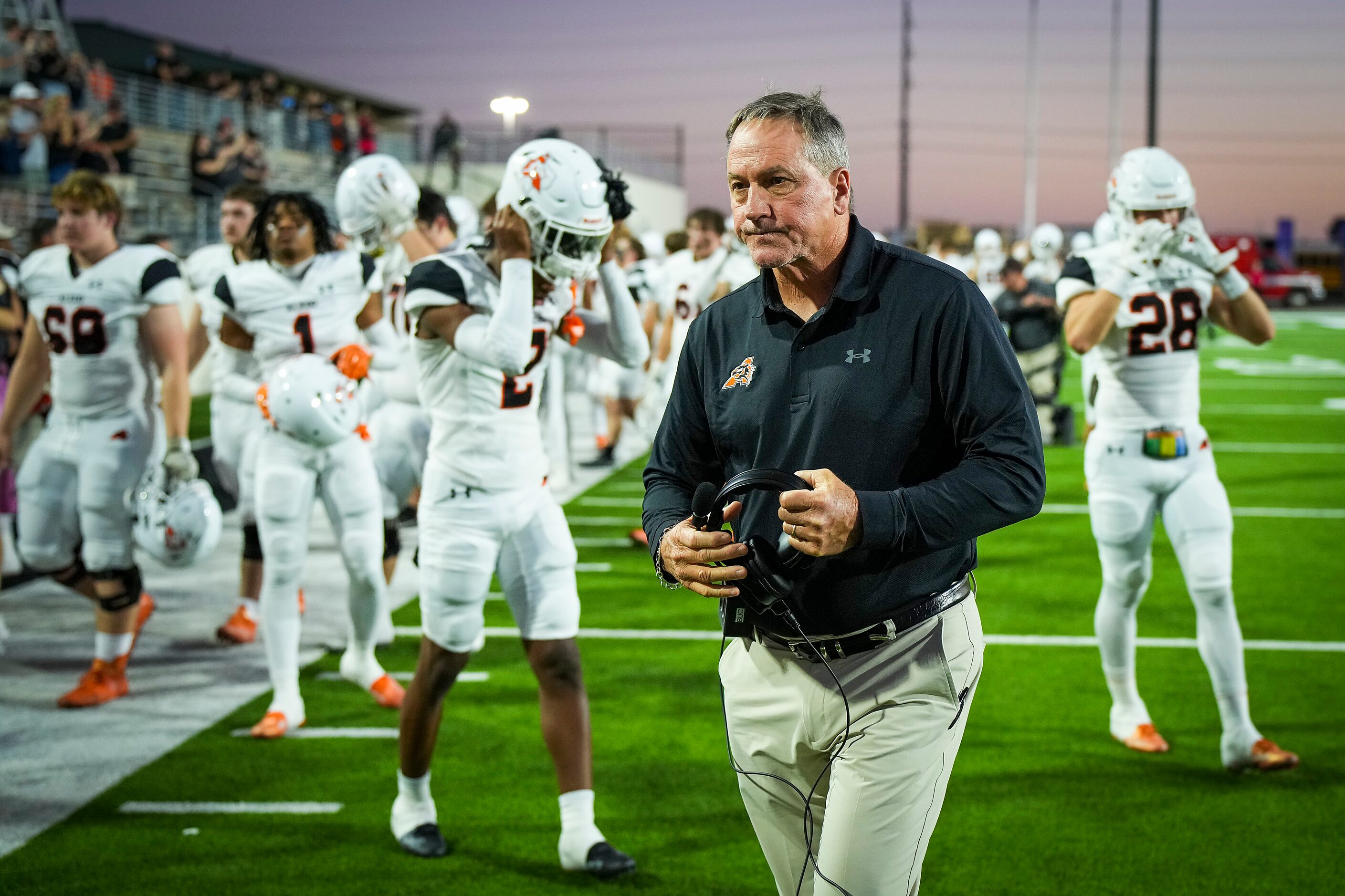 Aledo head coach Tim Buchanan on the sidelines before a District 3-5A Division I high school...