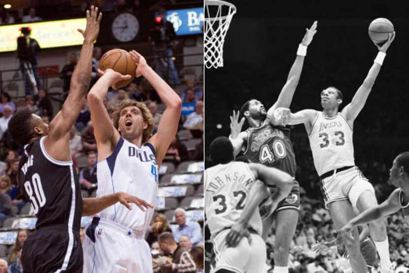 Dirk Nowitzki's fadeaway (left) might be in the same realm as Kareem Abdul -Jabbar's sky...