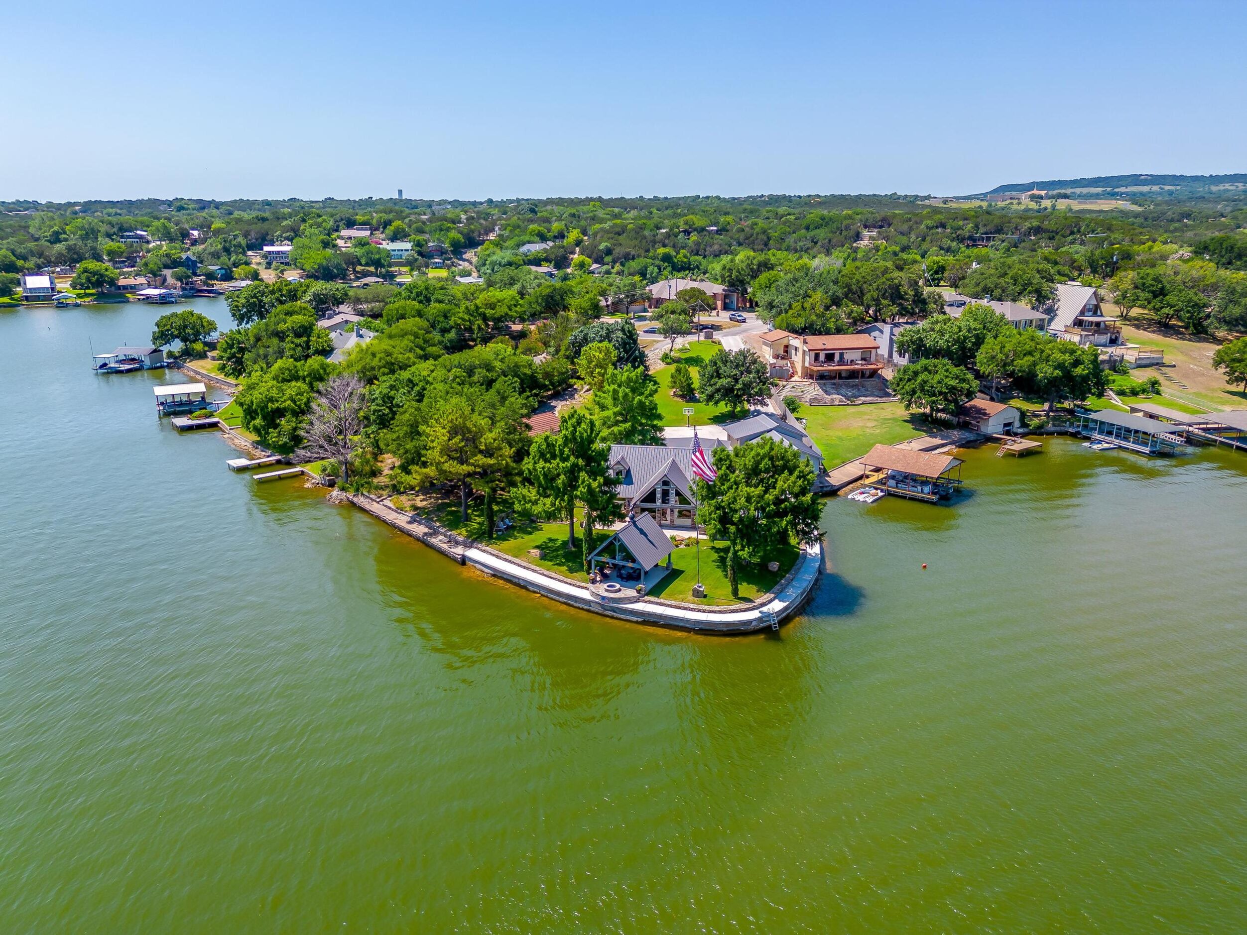 Drone view of lake house