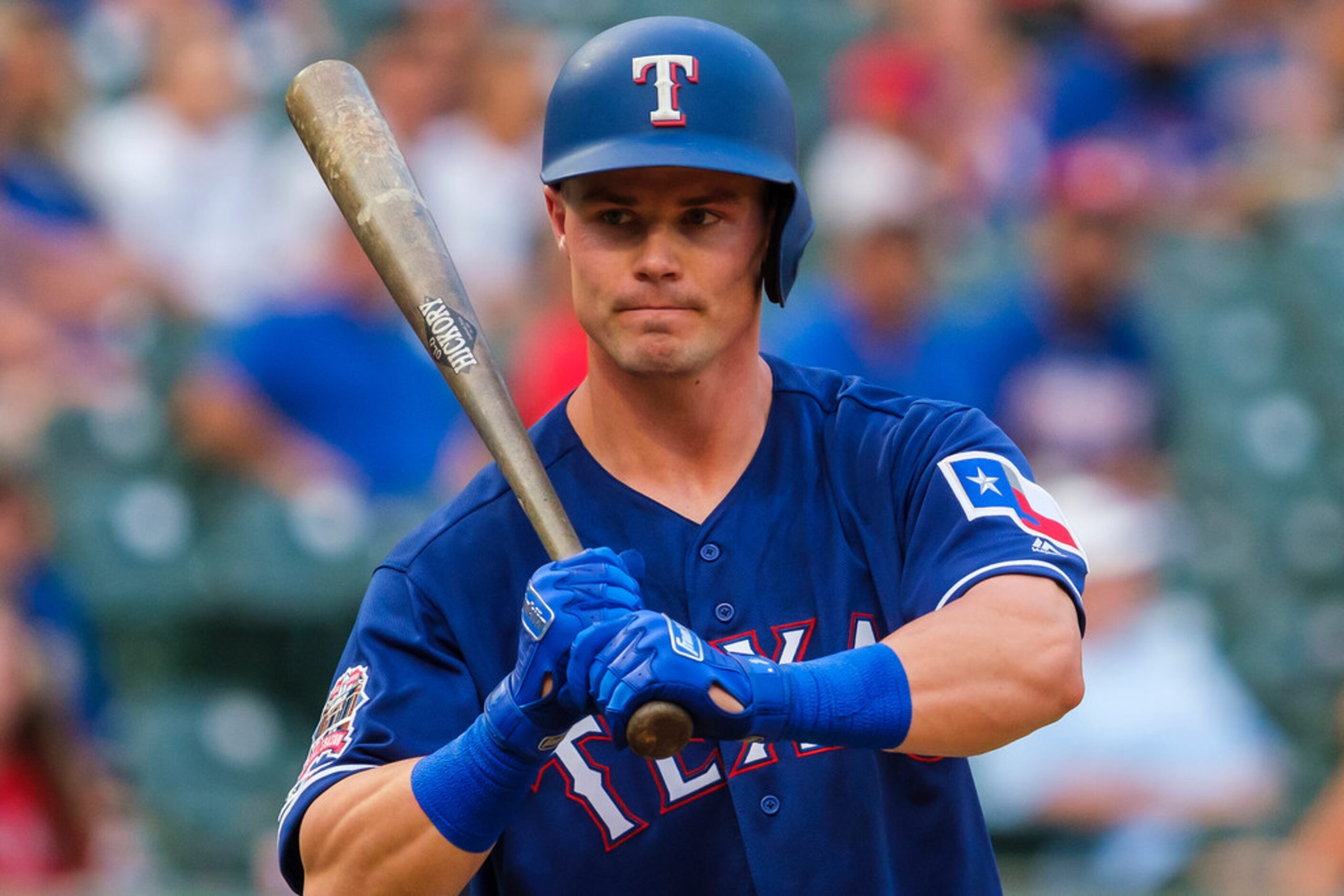 Texas Rangers outfielder Scott Heineman steps in to the batters box to bat during the second...