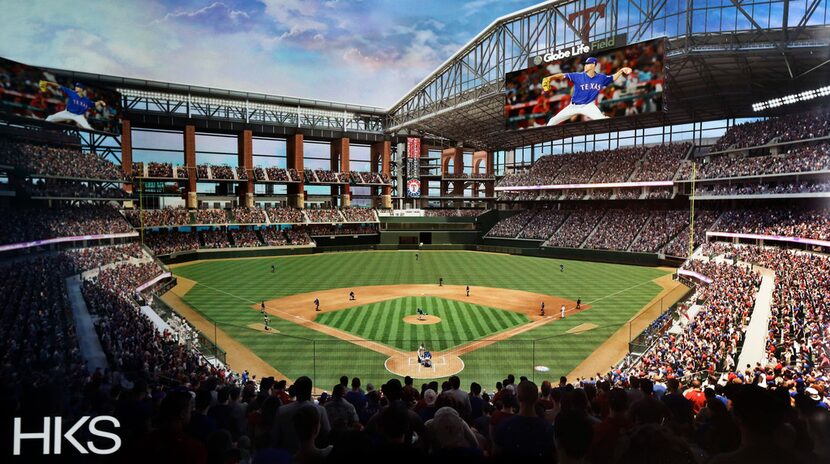 A digital rendering shows the view from the behind home plate on the main concourse of the...