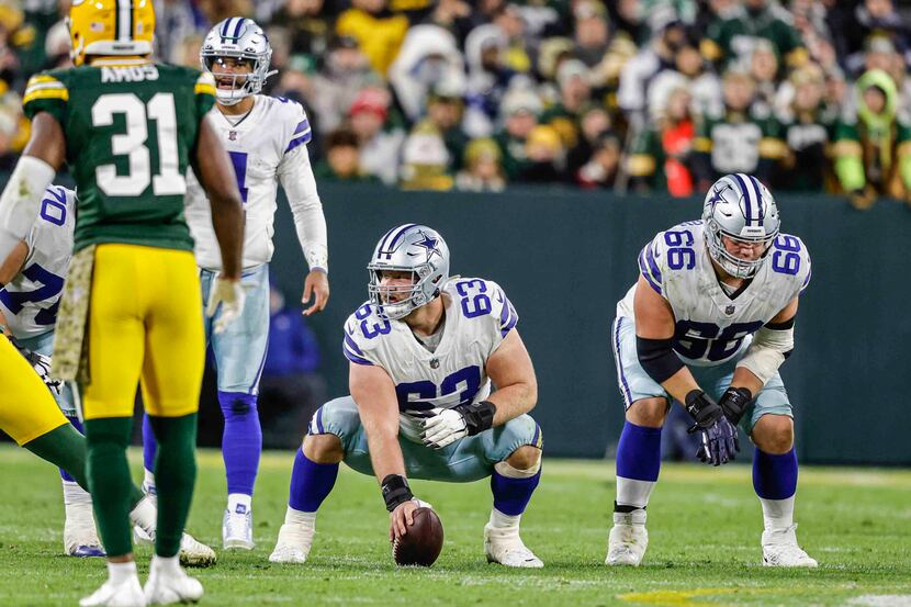 Dallas Cowboys center Tyler Biadasz (63) on offense during an NFL game against the Green Bay...