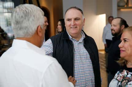 Chef José Andrés talks with Francisco Ramos and Monica C. Ramos (right) during an...