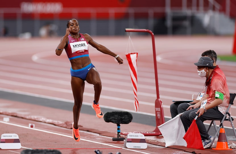 USA’s Jasmine Moore competes in the women’s triple jump qualification round during the...