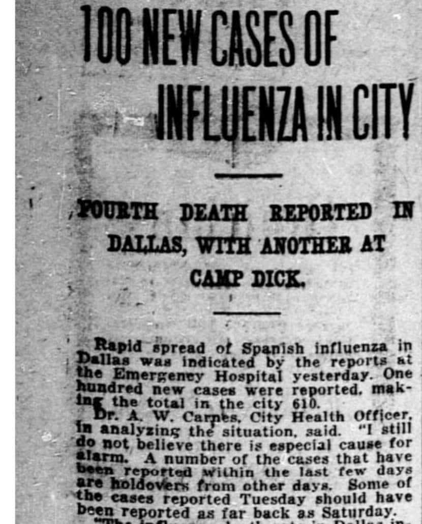 The Dallas Morning News on Sept. 27, 1918, reported the rapid spread of the Spanish flu....