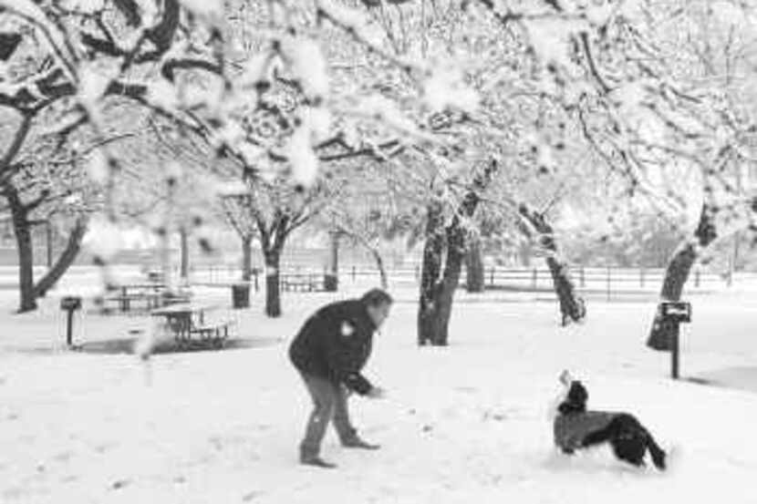  Ki Fisher of Euless spends some quality time with his pet, tossing a snowball for his...