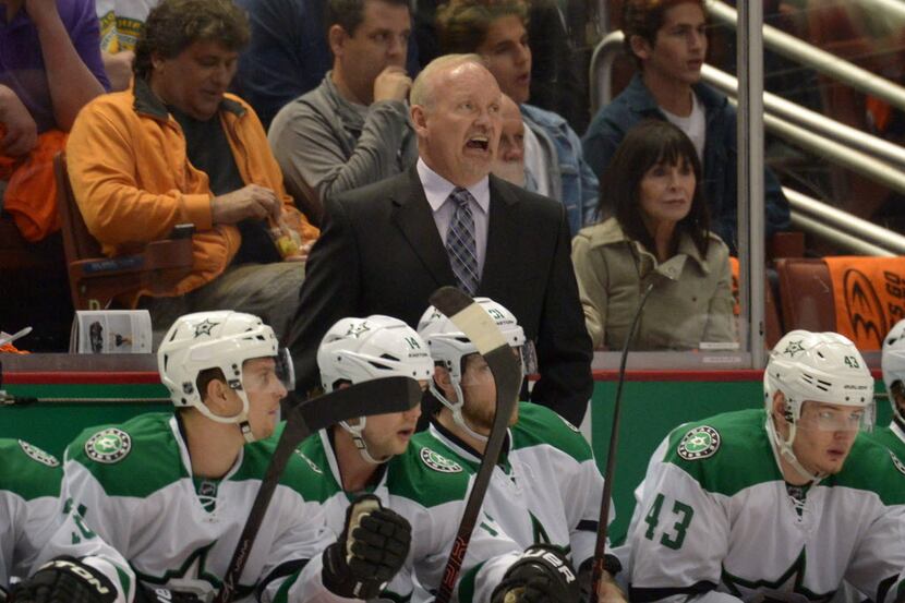 Apr 16, 2014; Anaheim, CA, USA; Dallas Stars coach Lindy Ruff reacts during game one of the...