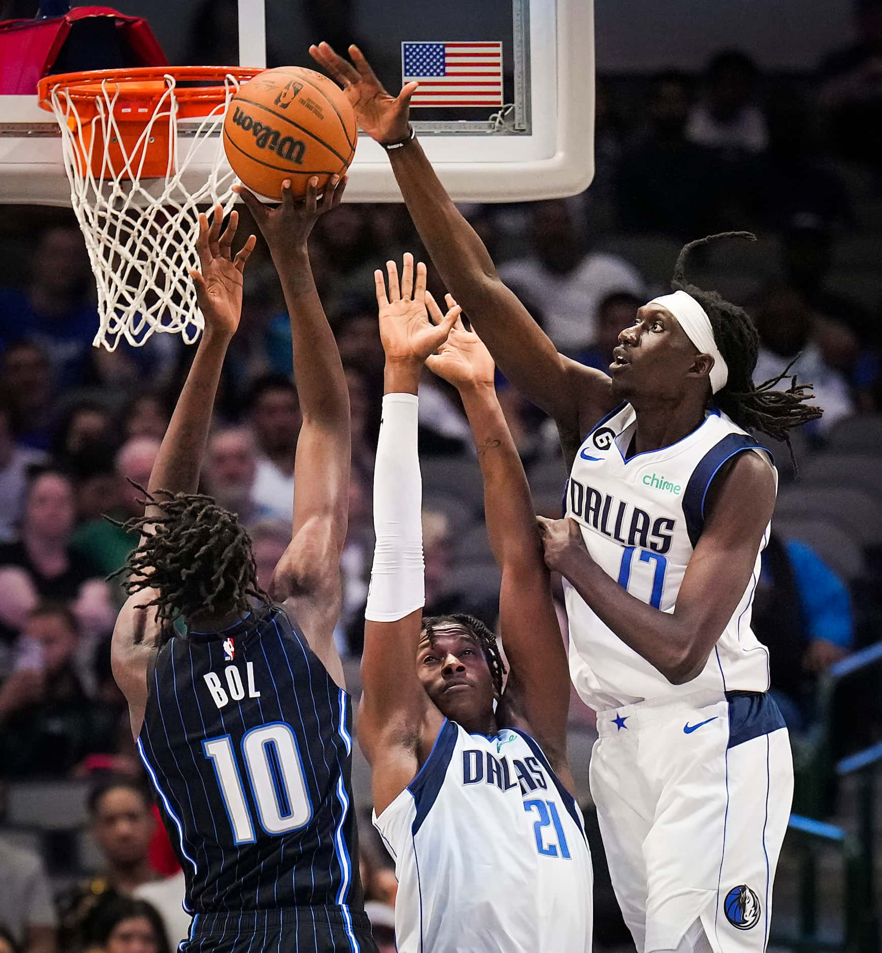 Dallas Mavericks forward Mouhamadou Gueye (17) blocks a shot by Orlando Magic center Bol Bol...