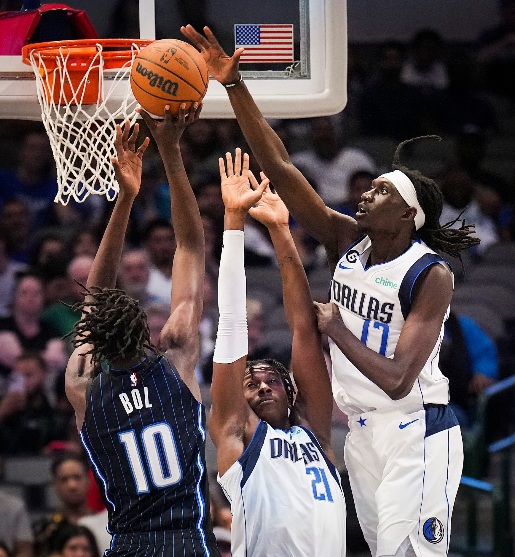 Dallas Mavericks forward Mouhamadou Gueye (17) blocks a shot by Orlando Magic center Bol Bol...