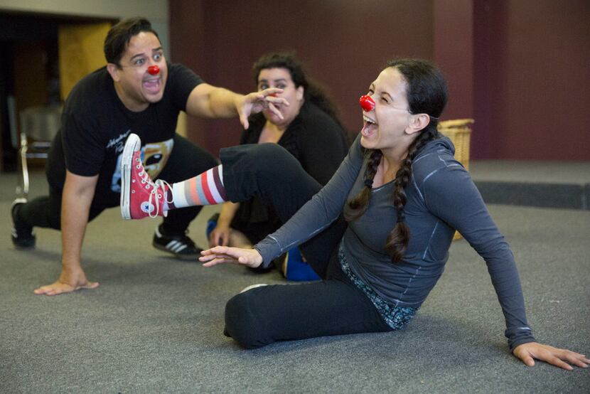 From left: Actors Shawn Gann, Priscilla Rice and Frida Espinosa-Muller rehearse a scene from...