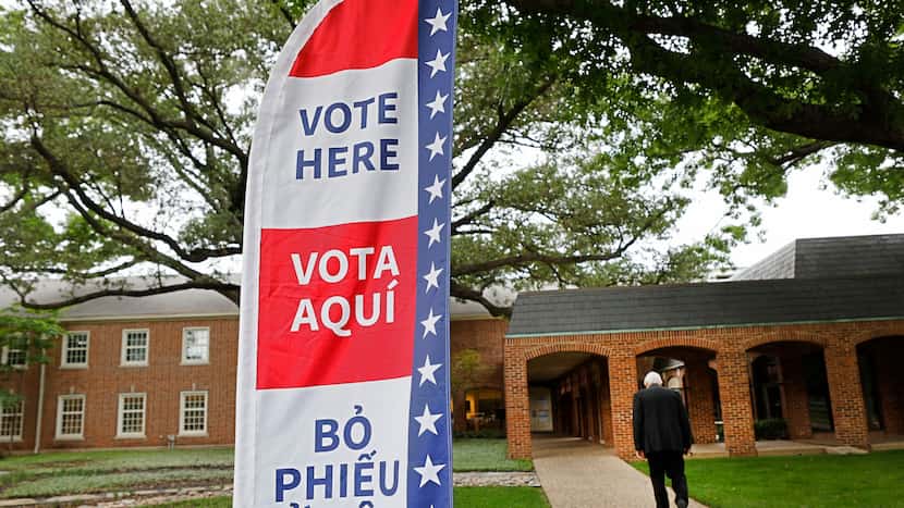 A sign that reads,” Vote Here,” is seen in front of University Park United Methodist Church, Saturday, May 4, 2024, in University Park. 