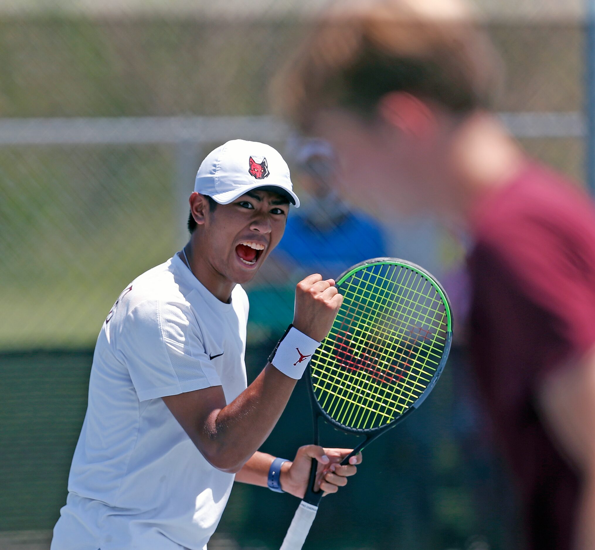 Frisco Heritage's Liam Selvido reacts after a point in a 5A boys doubles match. UIL state...