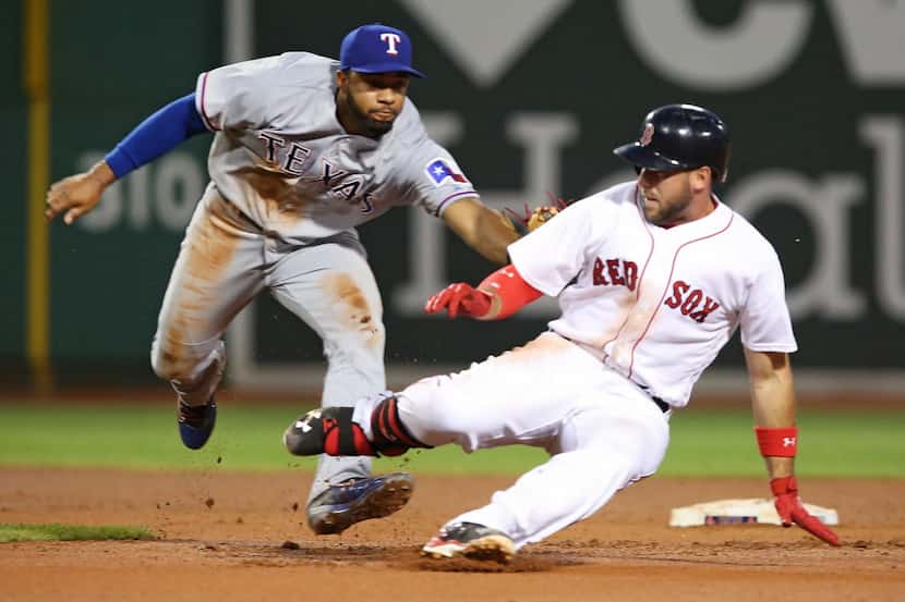 BOSTON, MA - JULY 05:  Travis Shaw #47 of the Boston Red Sox is tagged out at second base by...