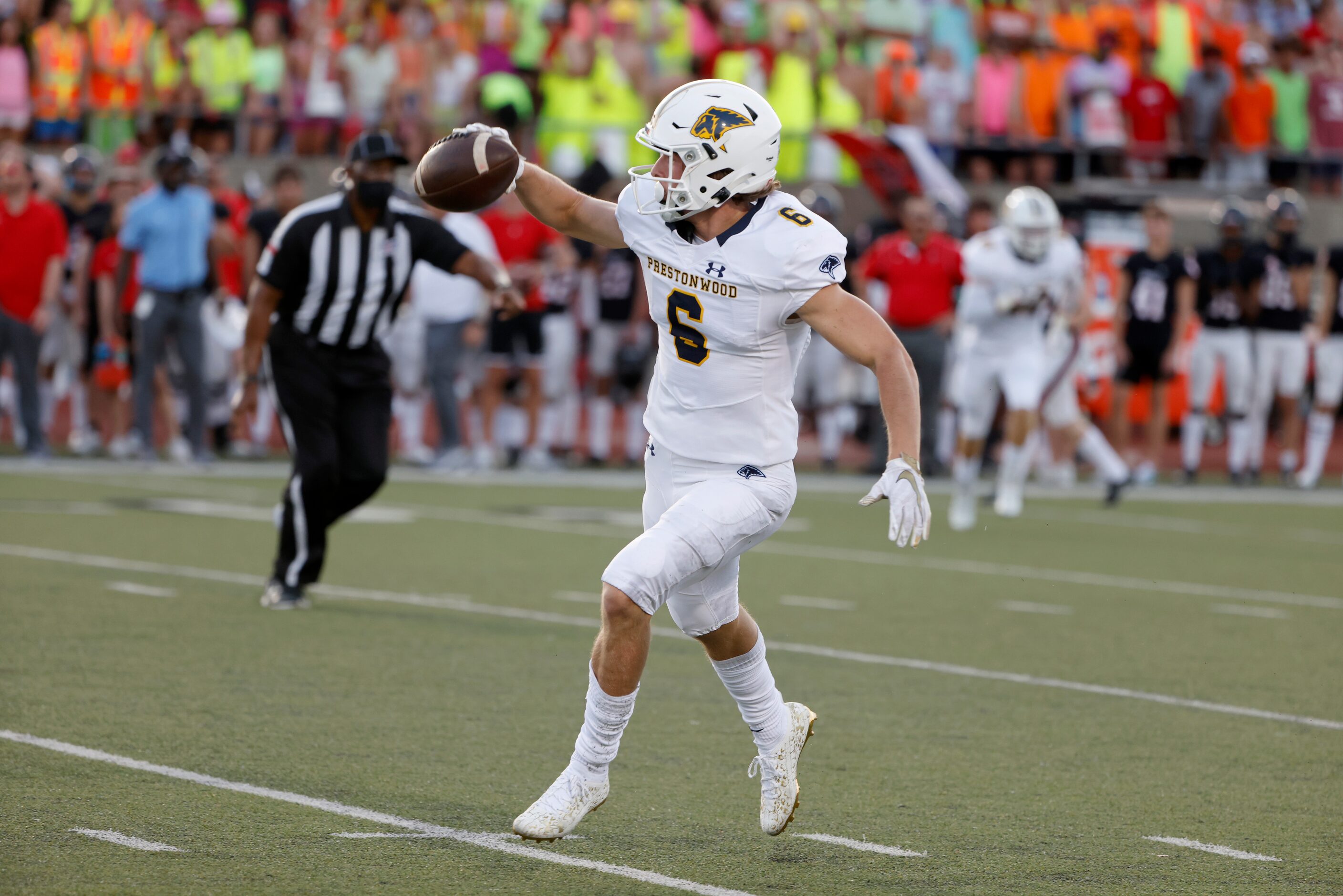 Prestonwood Christian Academy defender Tyler Chambers (6) celebrates his interception...