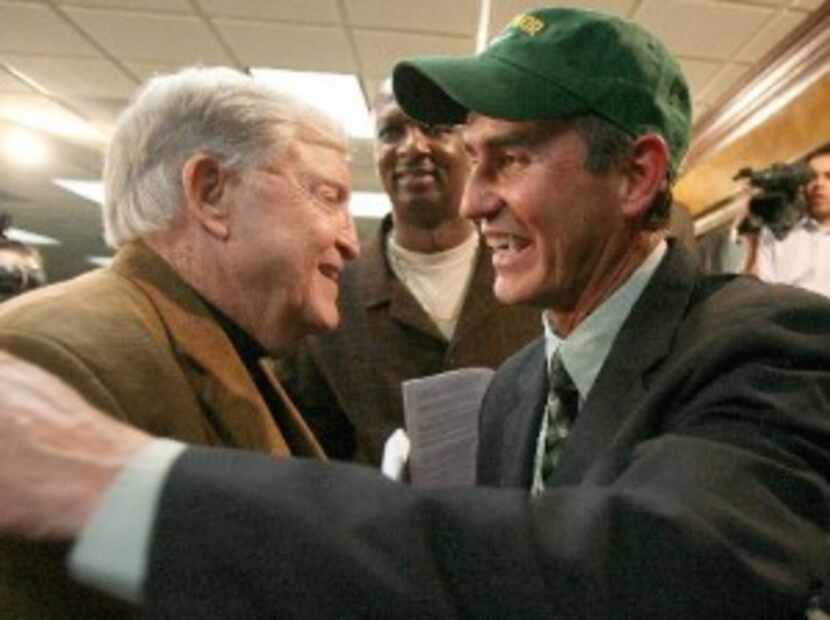  Longtime Baylor football coach Grant Teaff (left), welcomed Art Briles when Briles was...