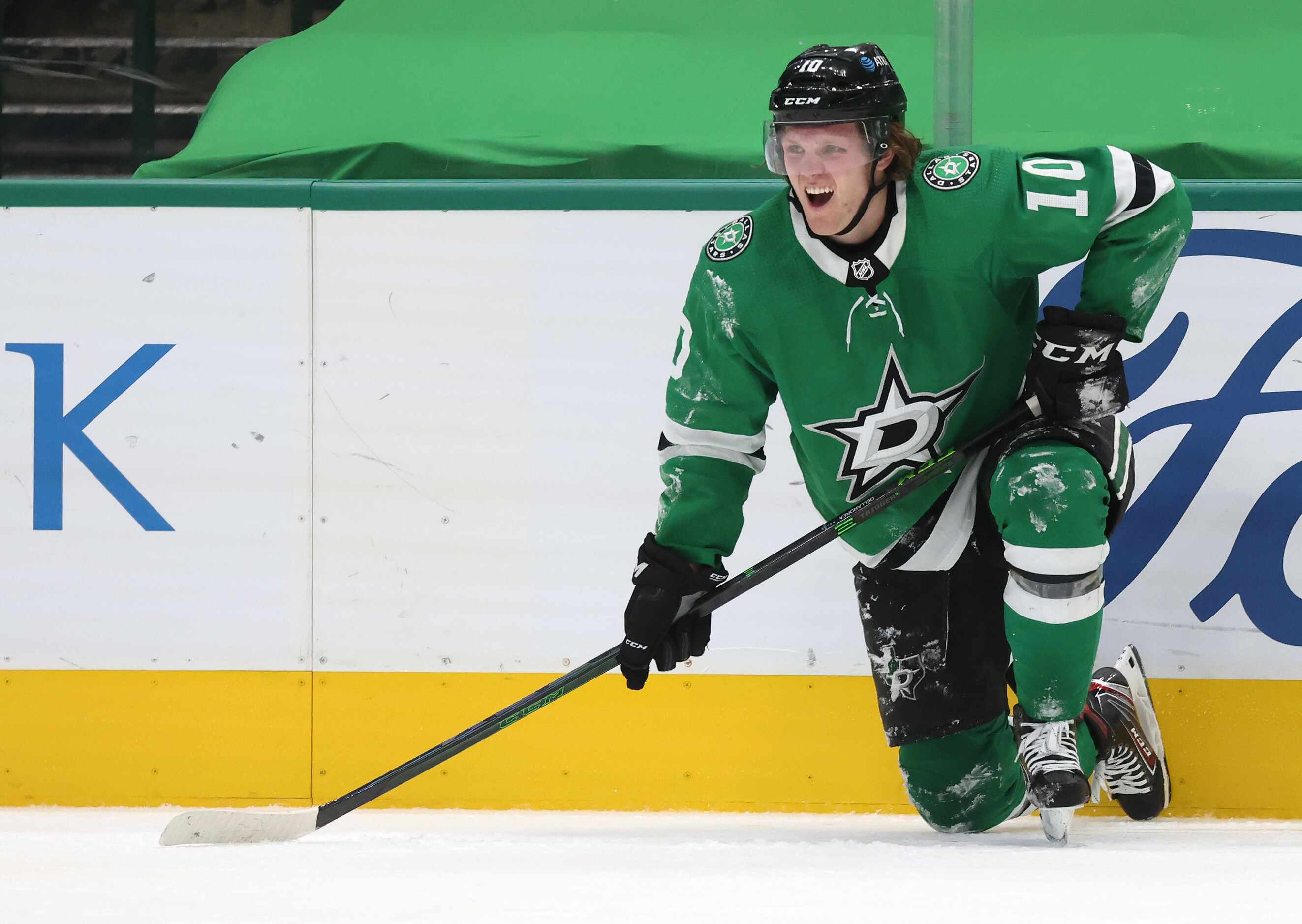 Dallas Stars Ty Dellandrea (10) is slow to get up after getting checked in a game against...