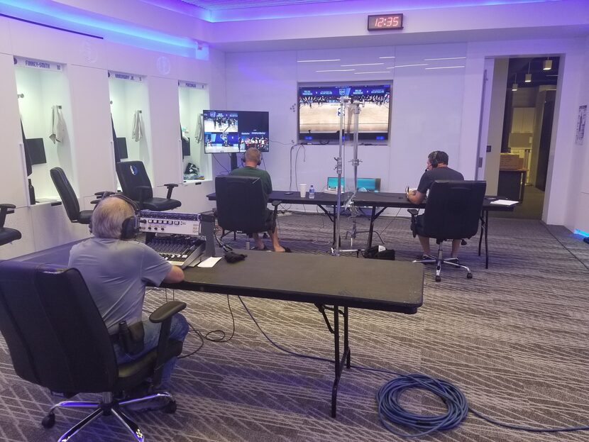 The Dallas Mavericks radio broadcast team of Chuck Cooperstein (right) and Brad Davis are...