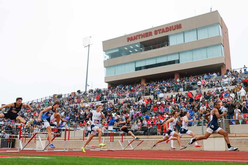 Athletes run during TAPPS state track meet, on Saturday, May 4, 2024, at Panther Stadium in...