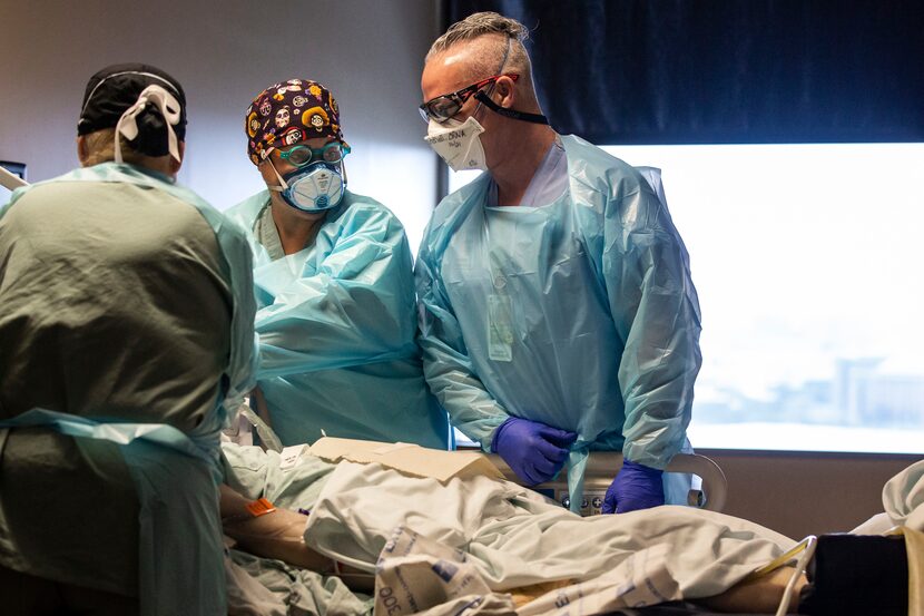 From left, respiratory therapists Shannon Harden and Raquel Martinez, and certified...