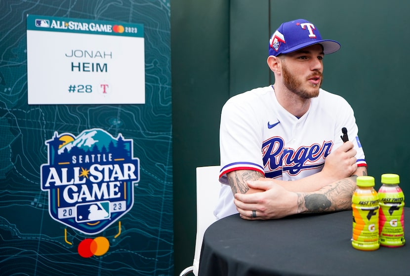 American League's Jonah Heim, of the Texas Rangers, speaks during All-Star Game player...