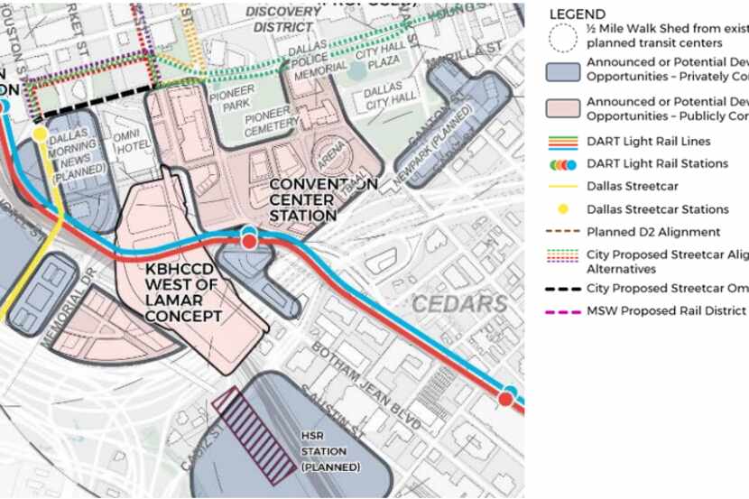 A map of planned expansions to transit around the proposed Kay Bailey Hutchison Convention...