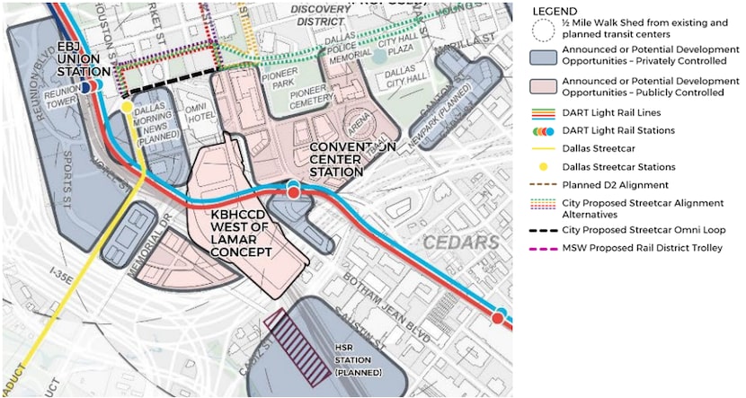 A map of planned expansions to transit around the proposed Kay Bailey Hutchison Convention...