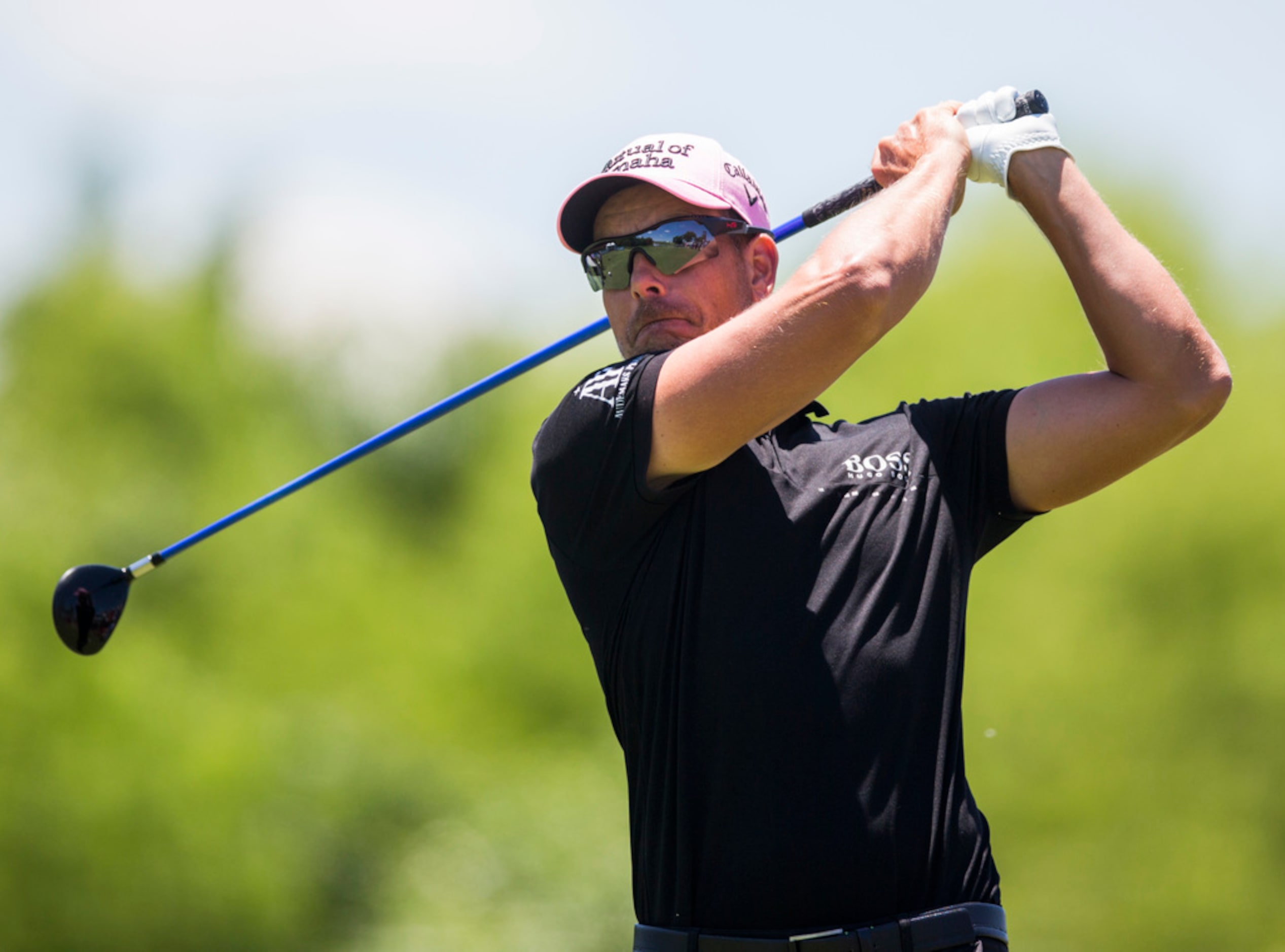 Henrik Stenson tees off at hole 4 during round 4 of the AT&T Byron Nelson golf tournament on...