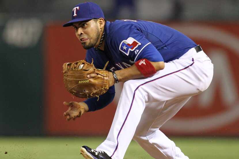 Texas first baseman Robinson Chirinos is pictured during the Oakland Athletics vs. the Texas...