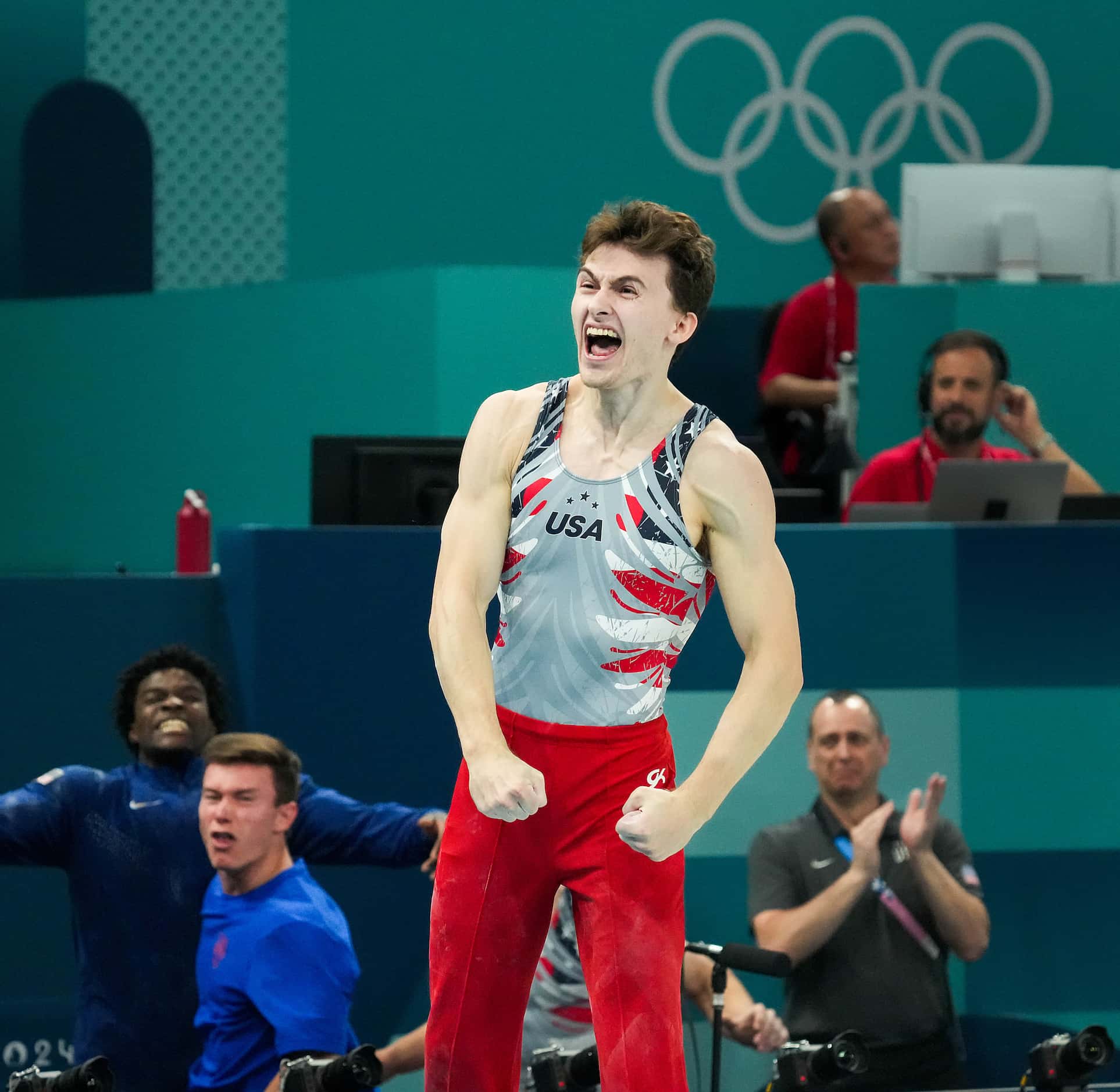 Stephen Nedoroscik of the United States celebrates after he competed on the pommel horse...