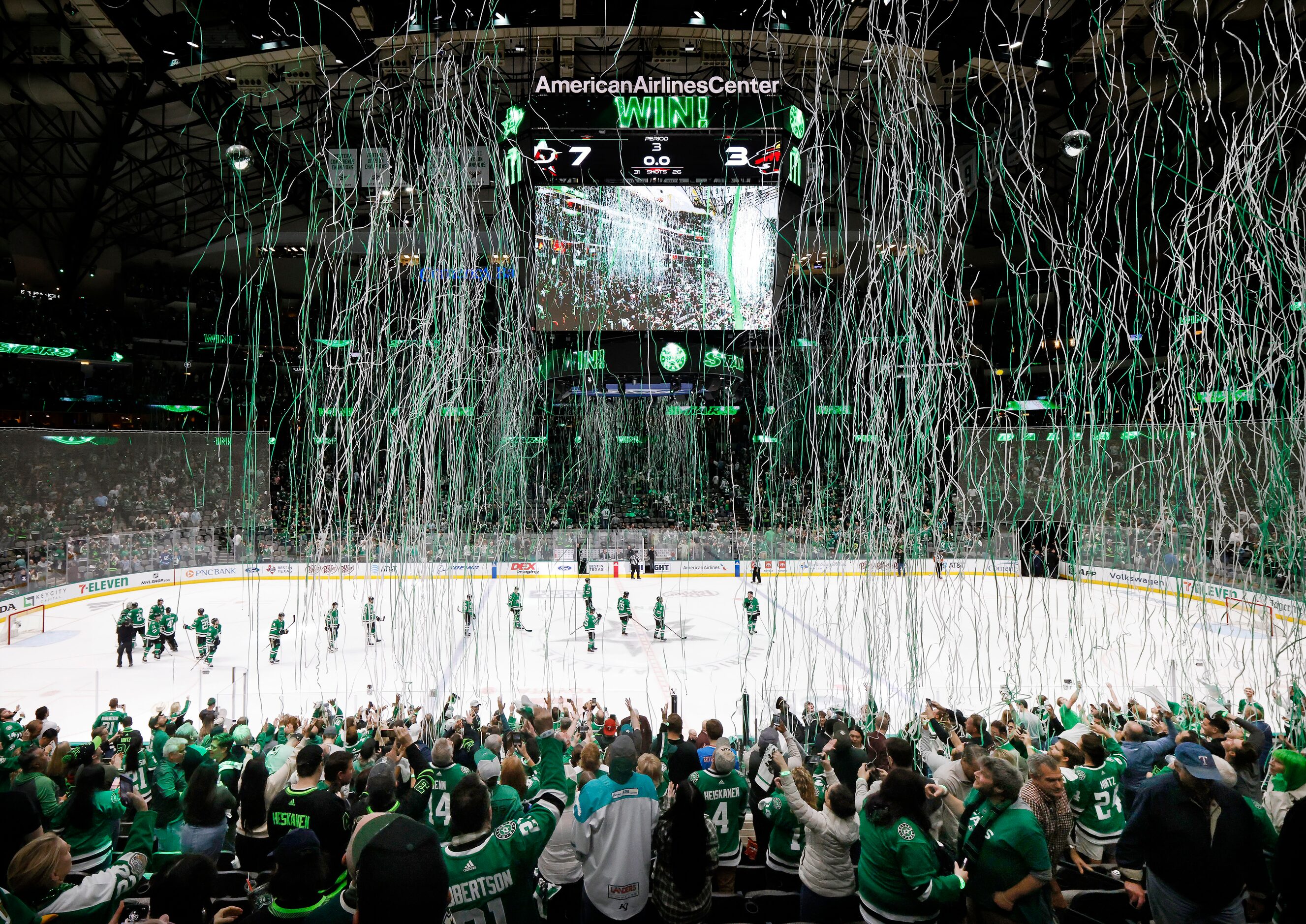 Paper streamers fall from the rafters following the Dallas Stars 7-3 over the Minnesota Wild...