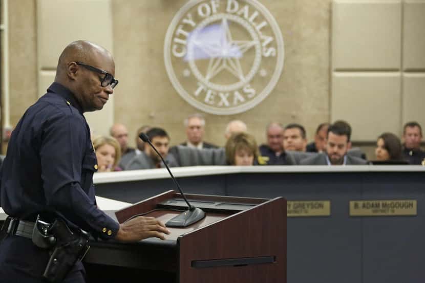  Dallas Police Department Chief David Brown addresses City Council members during a Public...