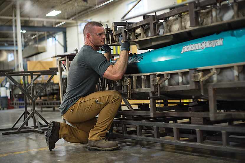 Dickies in Fort Worth, which makes the performance cooling T-shirt and carpenter pants shown...
