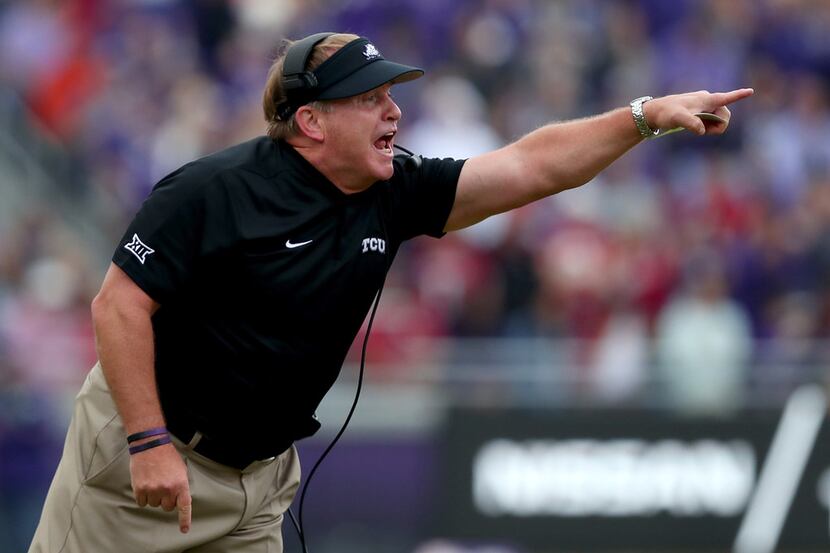 FORT WORTH, TX - OCTOBER 20:  Head coach Gary Patterson of the TCU Horned Frogs heads his...